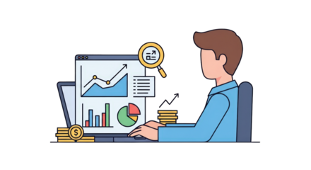 Business Analyst Analyzing Financial Data graph man monitor chart style presentation report flat modern