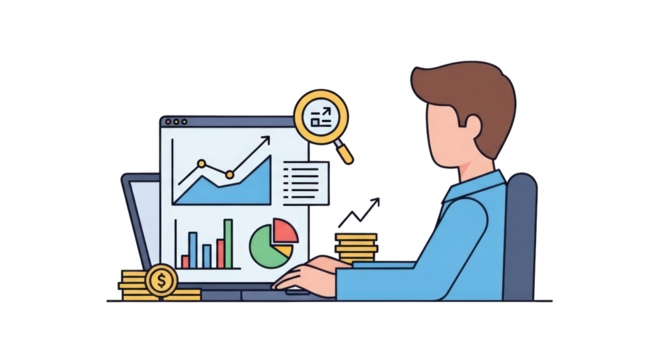 Business Analyst Analyzing Financial Data graph man monitor chart style presentation report flat modern