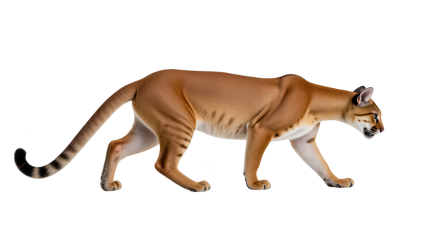 Realistic depiction of walking feline with sleek body and distinct markings, showcasing its agility and grace. animal appears alert and focused