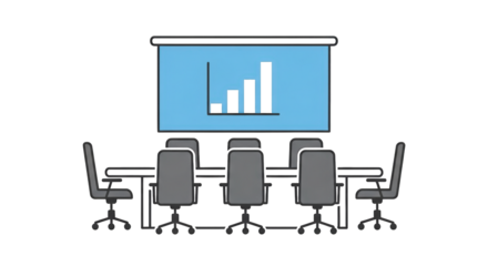 Business Meeting Room with Presentation collaboration element graphic design professional interior business data workspace presentation meeting meeting table chairs strategy icon