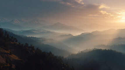 Obraz premium Majestic Sunrise: Breathtaking Panoramic View of Misty Mountains