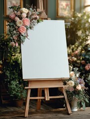 Blank sign easel adorned with floral arrangements