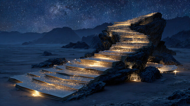 Glowing staircase of books rising through rocky mountains under starry sky - Powered by Adobe