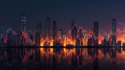 New York skyline with forex diagrams and stock market data showing investment research and profit