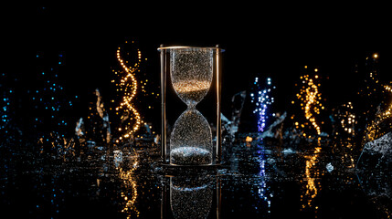 Glowing hourglass with sparkling DNA lights in the dark