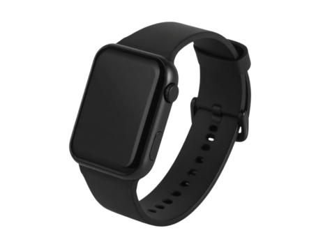 Angled Side View Wrist Smartwatch with Black Strap, PNG Mockup with Shadow