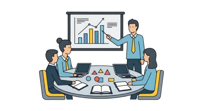 Business Team Meeting and Presentation whiteboard collaboration chart technology workshop discussion vector colorful laptop desk professional teamwork speaker