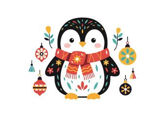 Colorful illustrated penguin wearing a scarf and decorated with ornaments