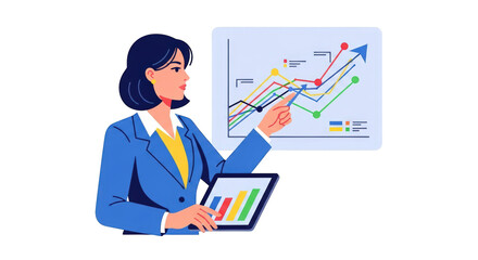 Businesswoman Presenting Financial Growth Charts investment strategy financial marketing market future presentation tablet information digital modern income growth