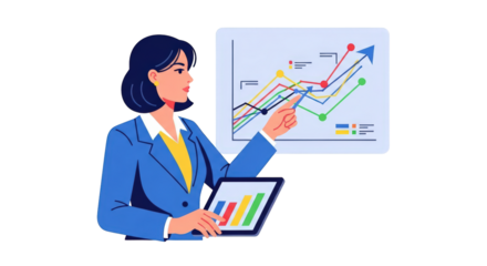 Businesswoman Presenting Financial Growth Charts investment strategy financial marketing market future presentation tablet information digital modern income growth