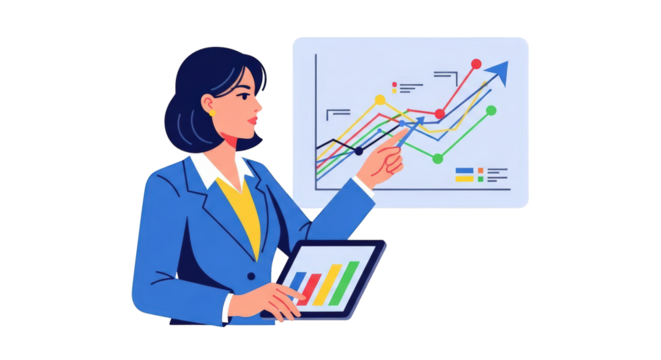 Businesswoman Presenting Financial Growth Charts investment strategy financial marketing market future presentation tablet information digital modern income growth