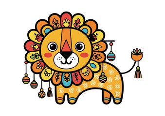 Fototapeta premium Colorful illustrated lion decorated with floral patterns and ornaments 