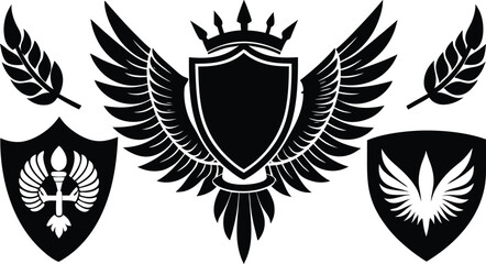 Obraz premium Majestic Heraldic Crest Winged Shield with Crown and Laurel Wreaths - Vector Illustration