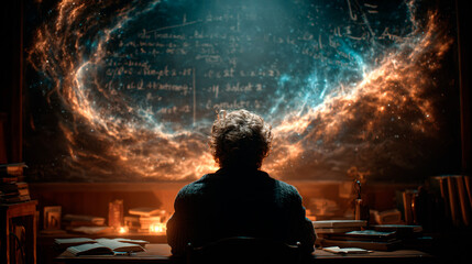 Scientist observing cosmic equations on a chalkboard