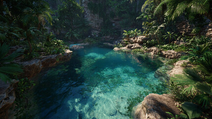 Naklejka premium Lush Tropical Cenote: Crystal Clear Water & Exotic Plants