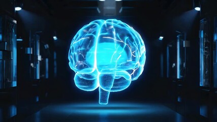 Dynamic digital brain visualization pulsing with neural network energy, representing AI, cognition, and futuristic technology in a sleek, modern environment. - Powered by Adobe