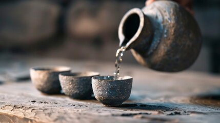 Pouring clear liquid into rustic ceramic cups