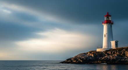 Scenic Lighthouse on Rocky Coastline at Sunset with Dramatic Sky and Calm Waters, Perfect for Travel and Maritime Themes in Stock Photography