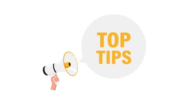 Hand holding megaphone with top tips speech bubble on white and green screen background