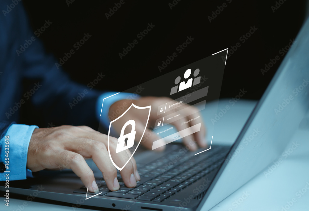 Poster cybersecurity protects login and secure internet access, businessman secure data on laptop with encr