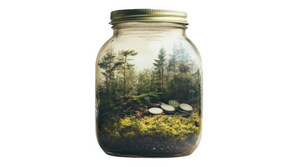Creative jar with a miniature forest landscape and coins inside