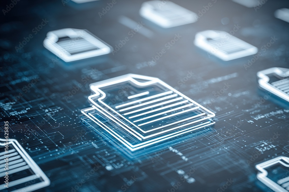 Poster digital representation of documents in a modern tech environment showcasing virtual files and data c