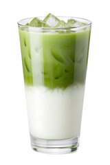 a clear glass filled with green matcha latte and white milk, topped with ice cubes, set against on a transparent background.