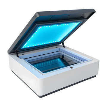 UV transilluminator with electrophoresis gel tray, glowing blue light, transparent