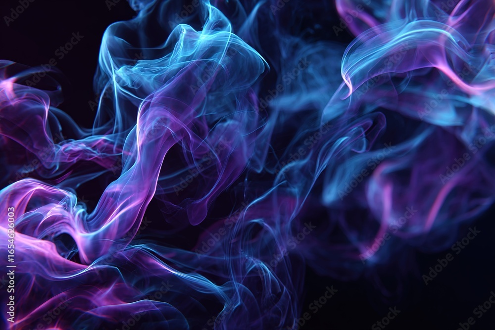 Poster colorful swirling smoke shapes creating an abstract art display in a dark background setting