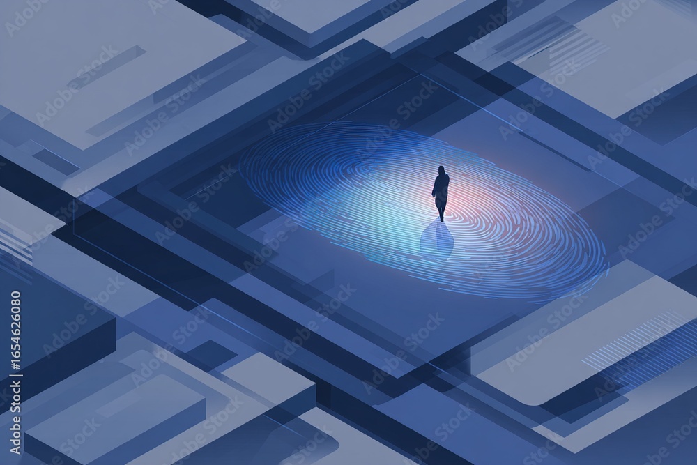 Poster digital footprint concept with a silhouette standing on a fingerprint design surrounded by abstract 