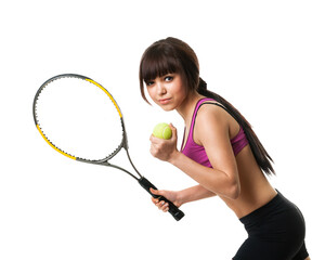Female Tennis Player Ready to Serve on Transparent Background