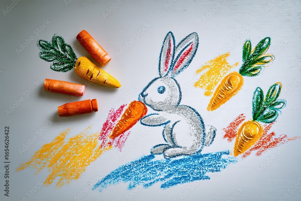 Aufkleber creative rabbit drawing with colorful carrots and chalk art on a textured surface in a playful setti