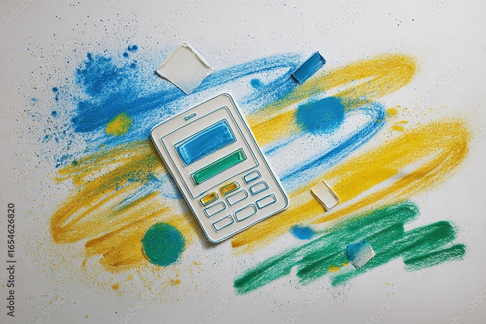 Poster calculator surrounded by colorful chalk patterns on a white surface during a creative workspace setu