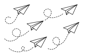 Simple line drawing shows paper airplanes in flight with dotted trails against a white background.