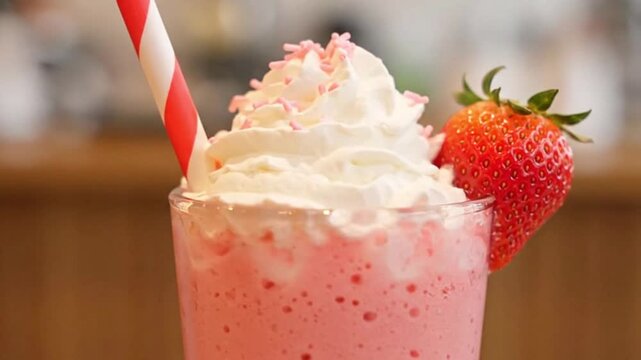 Strawberry milkshake topped with whipped cream sprinkles  a strawberry Straw is in glass Brown background