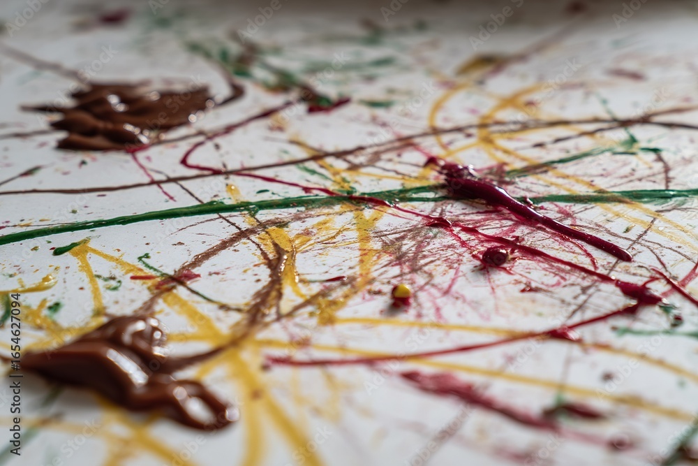 Poster colorful paint splatters create an abstract design on the canvas at an art studio during a creative 