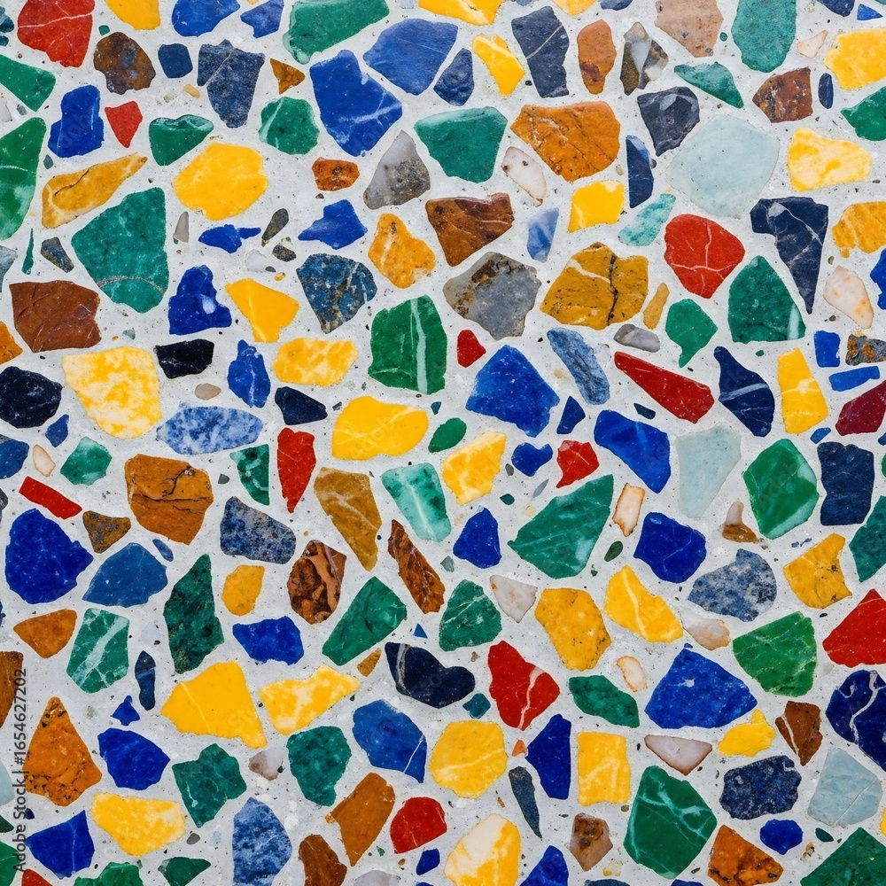 Poster photo of colorful terrazzo tile background with abstract mosaic pattern and stone texture