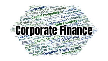 Corporate Finance Word Cloud. Key Concepts On Capital, Equity, Debt, Valuation, Investment, Risk, Return, Governance, And Strategic Financial Decision Making.