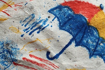 Colorful umbrella drawing on textured paper, showcasing bright hues and playful designs in artistic expression
