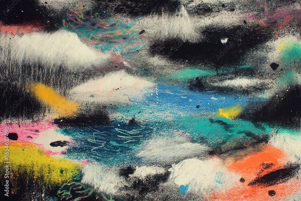 Poster colorful abstract artwork depicting a vibrant mix of shapes and shades on a textured surface, creati