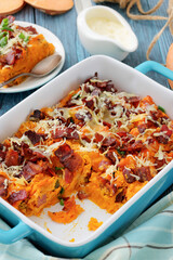 sweet potato casserole with bacon, cheese, onion