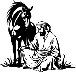 Introspective moment black and white, man in turban with majestic horse beside him