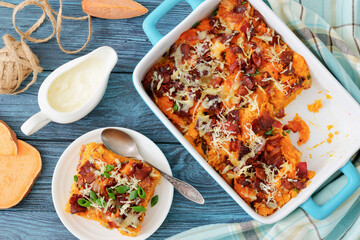 sweet potato casserole with bacon, cheese, onion