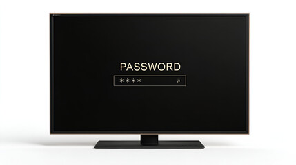 Flat screen television displaying a password prompt a black screen with gold text showing a password entry field
