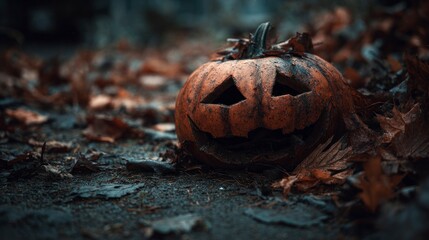 Carved pumpkin autumn leaves background