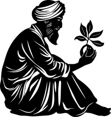 Wise man with beard and turban carefully holds a small plant