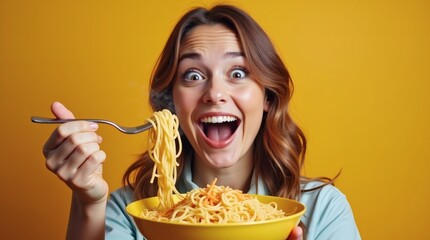 Excited person holding bowl of noodles, promotional imagery