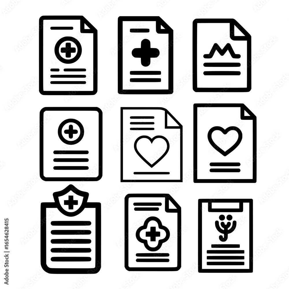 Poster vector icon showing a text document with healthcare elements like stethoscope and heart symbol