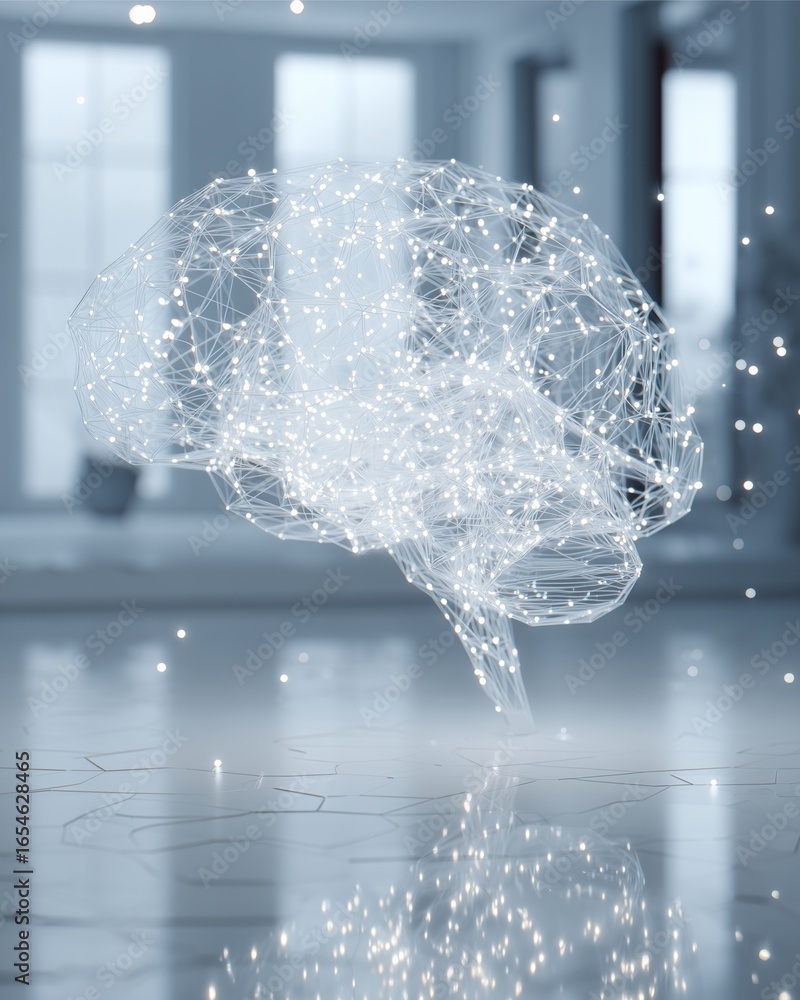 Poster digital brain: a captivating depiction of a digital brain model, illuminated with glowing neural con
