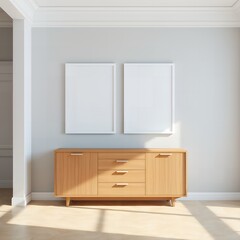 Two blank white frames hang on a light grey wall above a light wood sideboard with three drawers